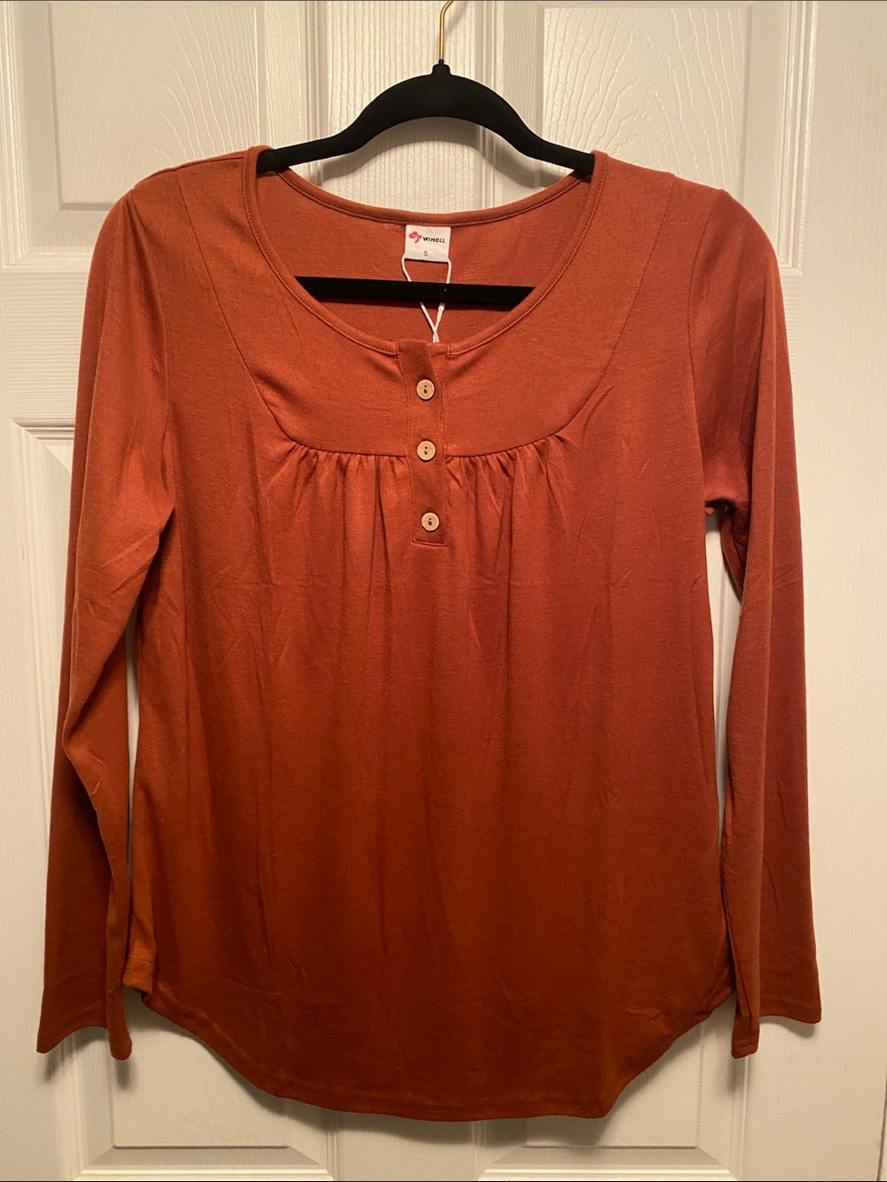 Wiholl Long Sleeve Scoop Neck Henley Top - Rust…size S